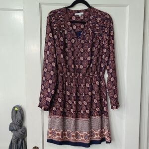 DR2 Navy and Red Patterned Long Sleeve Dress